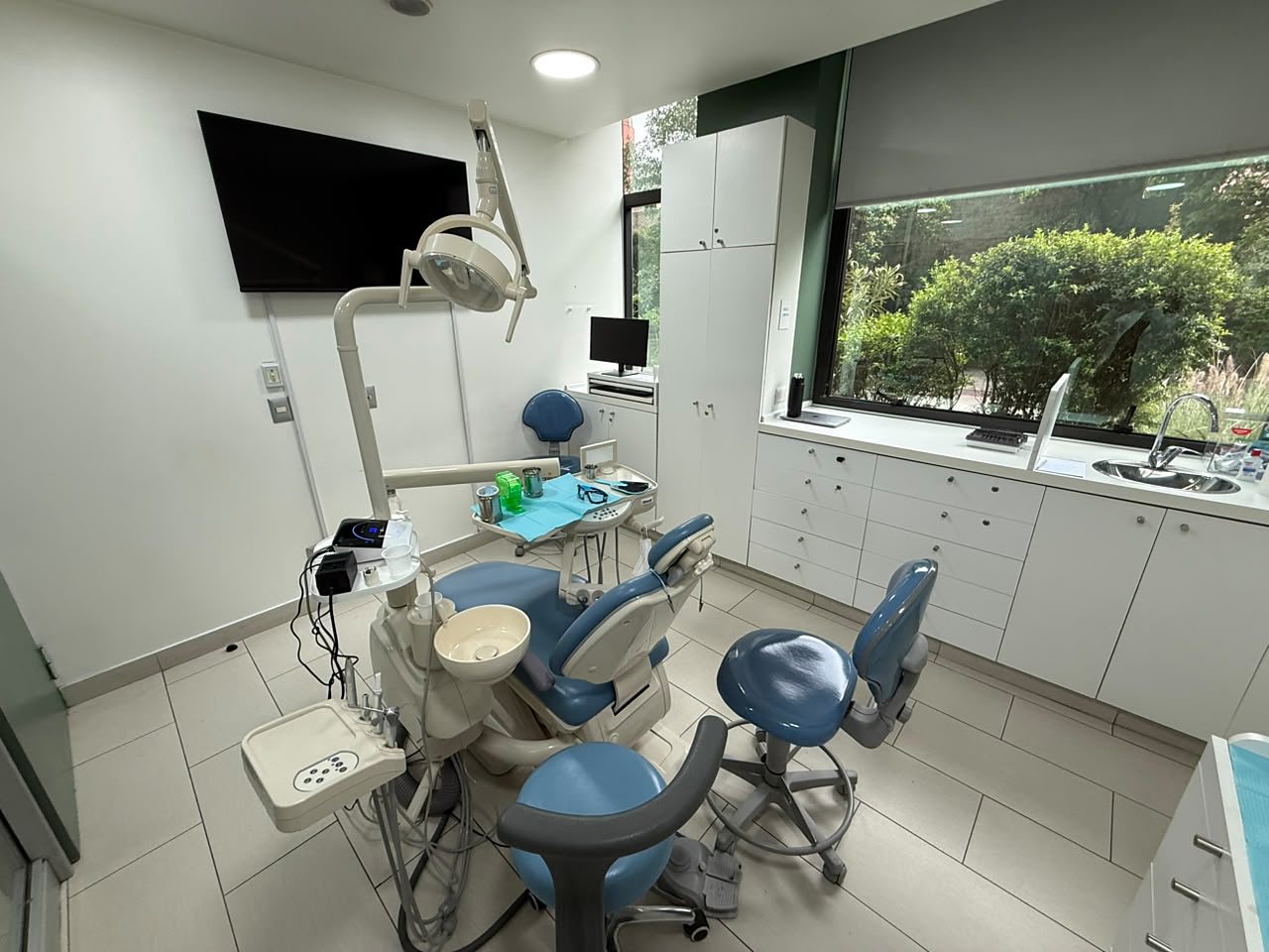 Box de atención de Clínica LEMA con sillón dental y vista a áreas verdes